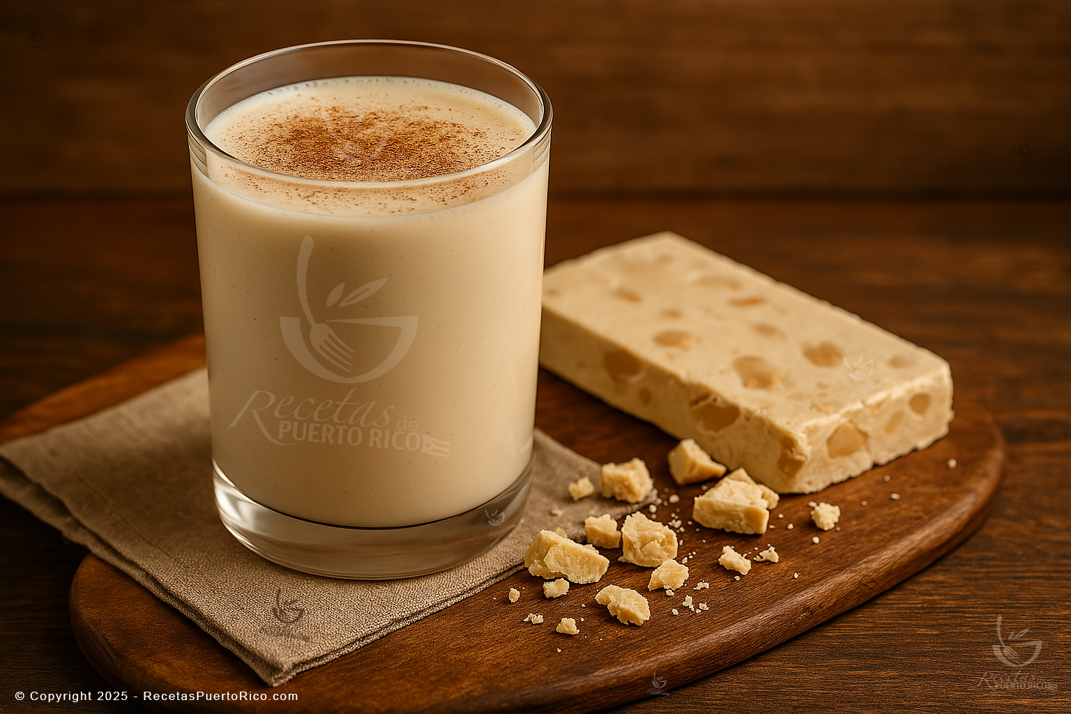 Coquito puertorriqueño navideño servido con turrón español crujiente en cocina rústica moderna.